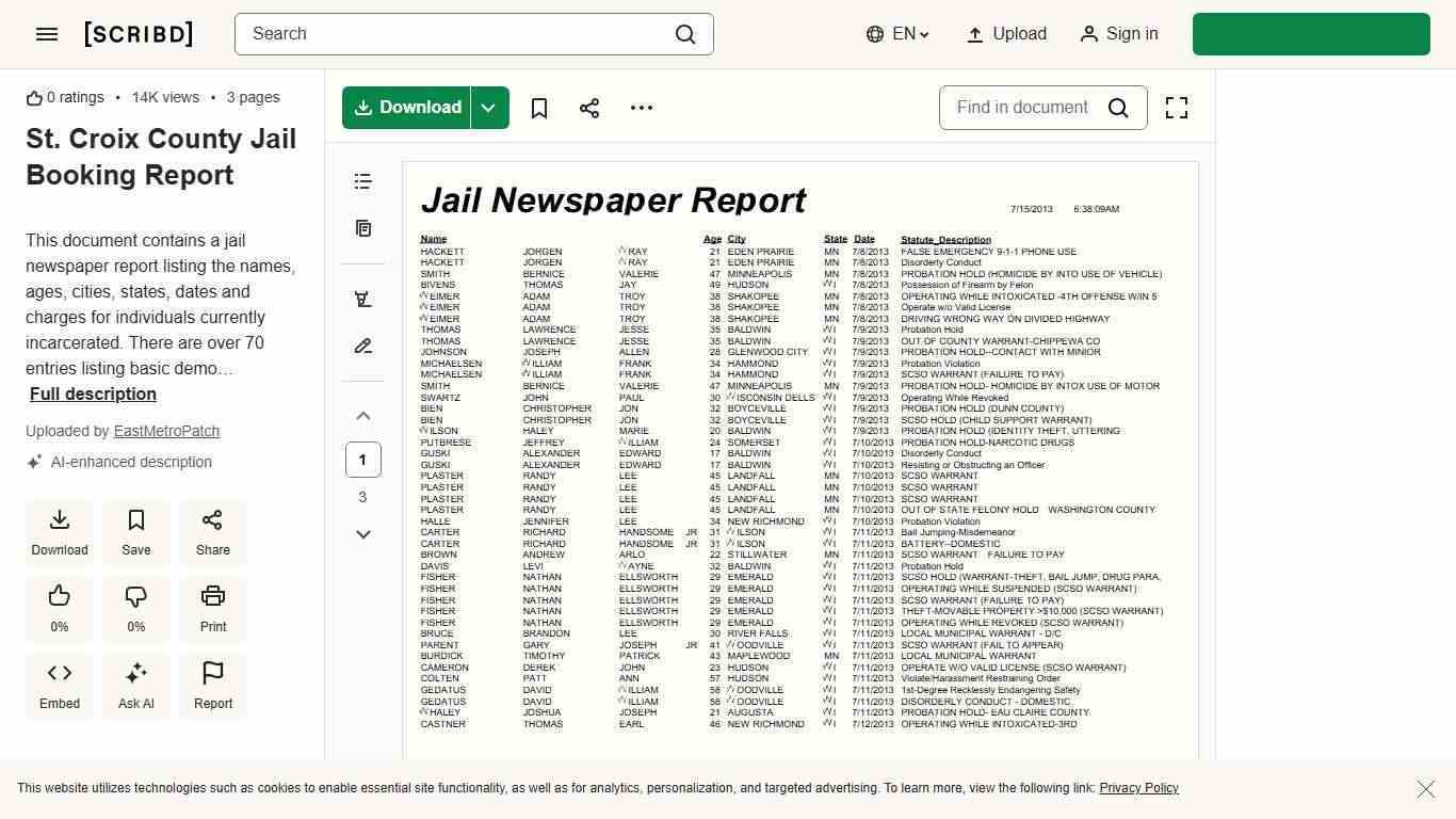 St. Croix County Jail Booking Report | PDF | Probation | Driving Under The Influence